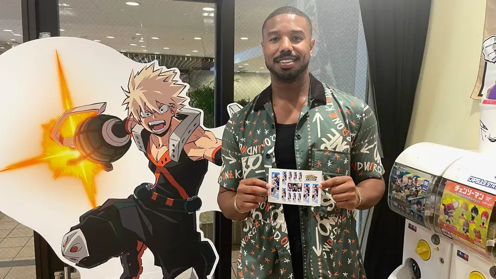 Michael B. Jordan posing with Anime character Bakugo