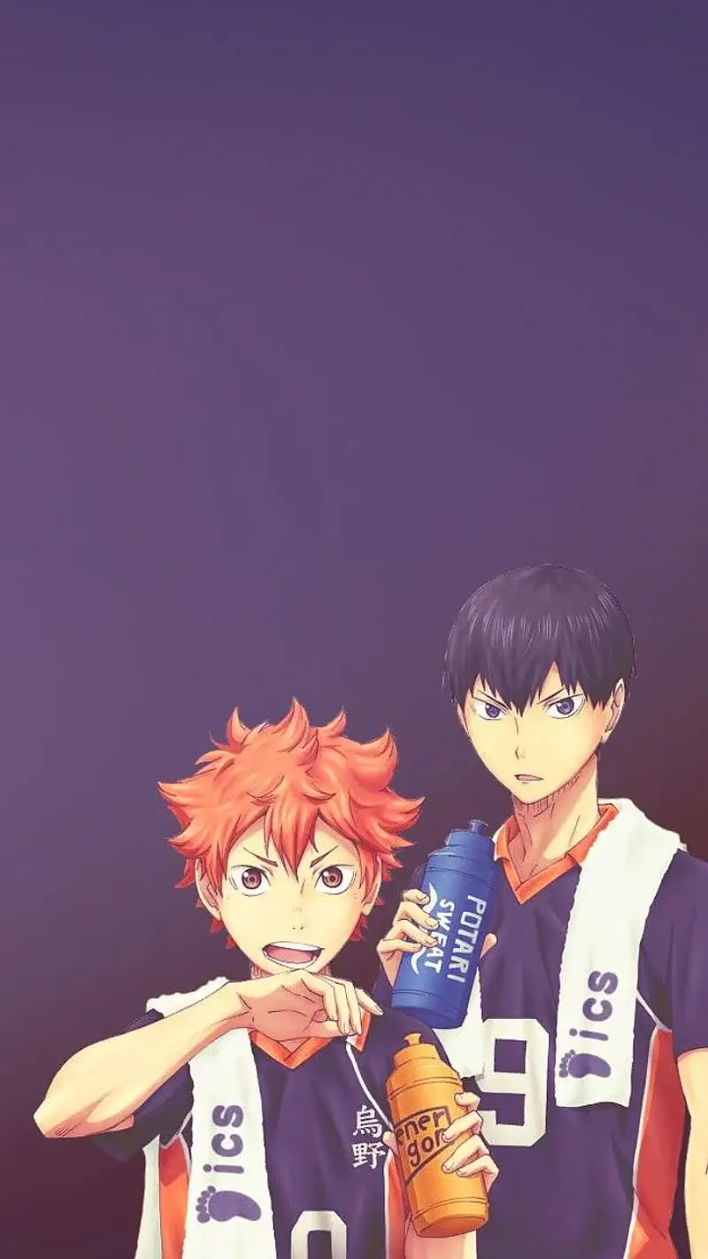 Hinata and Kageyama in Karasuno Tshirts drinking water (wallpaper)