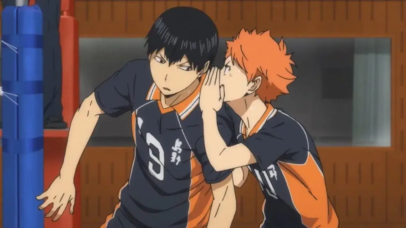 Scene of Hinata whispering into Kageyama's ear