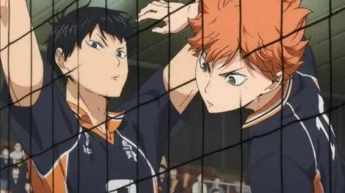 Hinata and Kageyama flexing their Quick Attack during warmup