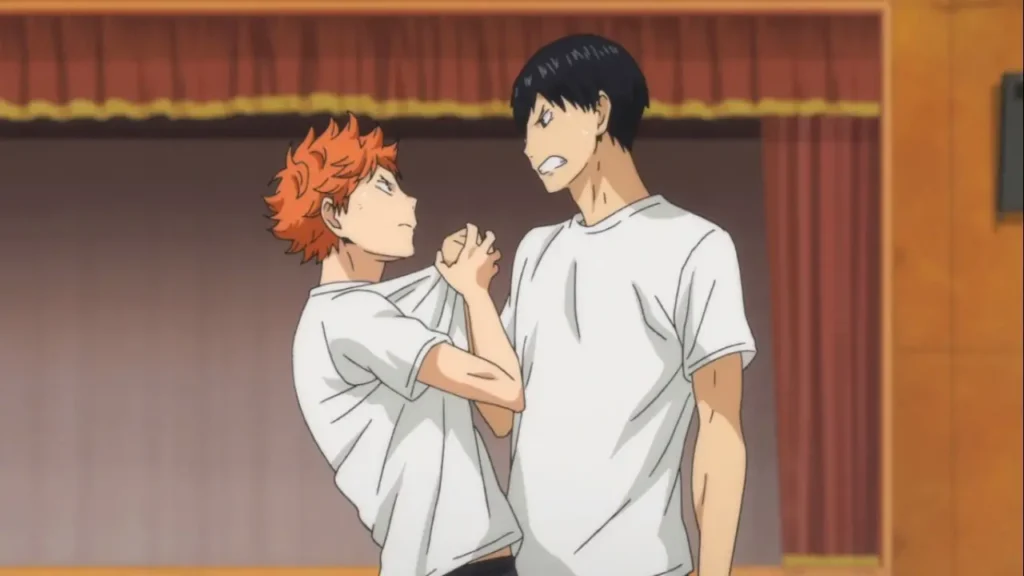 Hinata and Kageyama fighting in Haikyuu!!