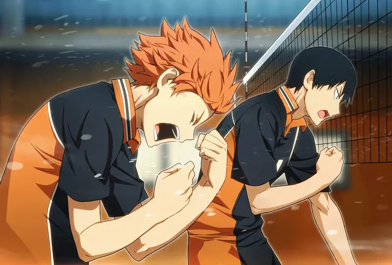 Hinata and Kageyama roaring after landing a point