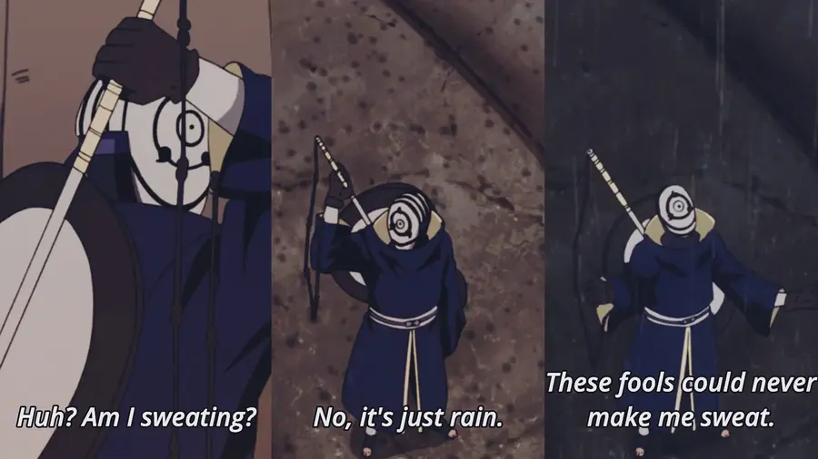 Obito being savage and commenting that these fools could never make him sweat while fighting